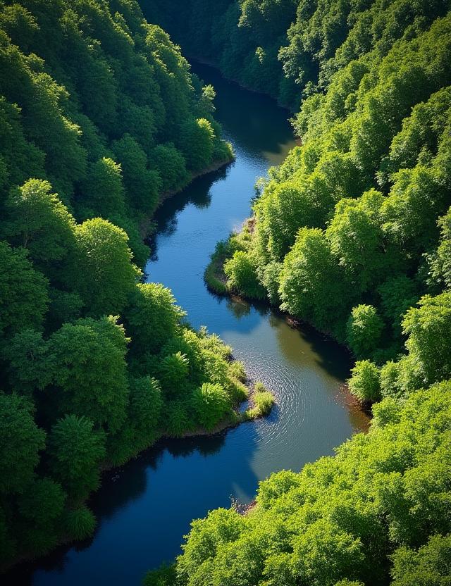 Pemandangan udara sungai yang berliku-liku melalui hutan hijau.